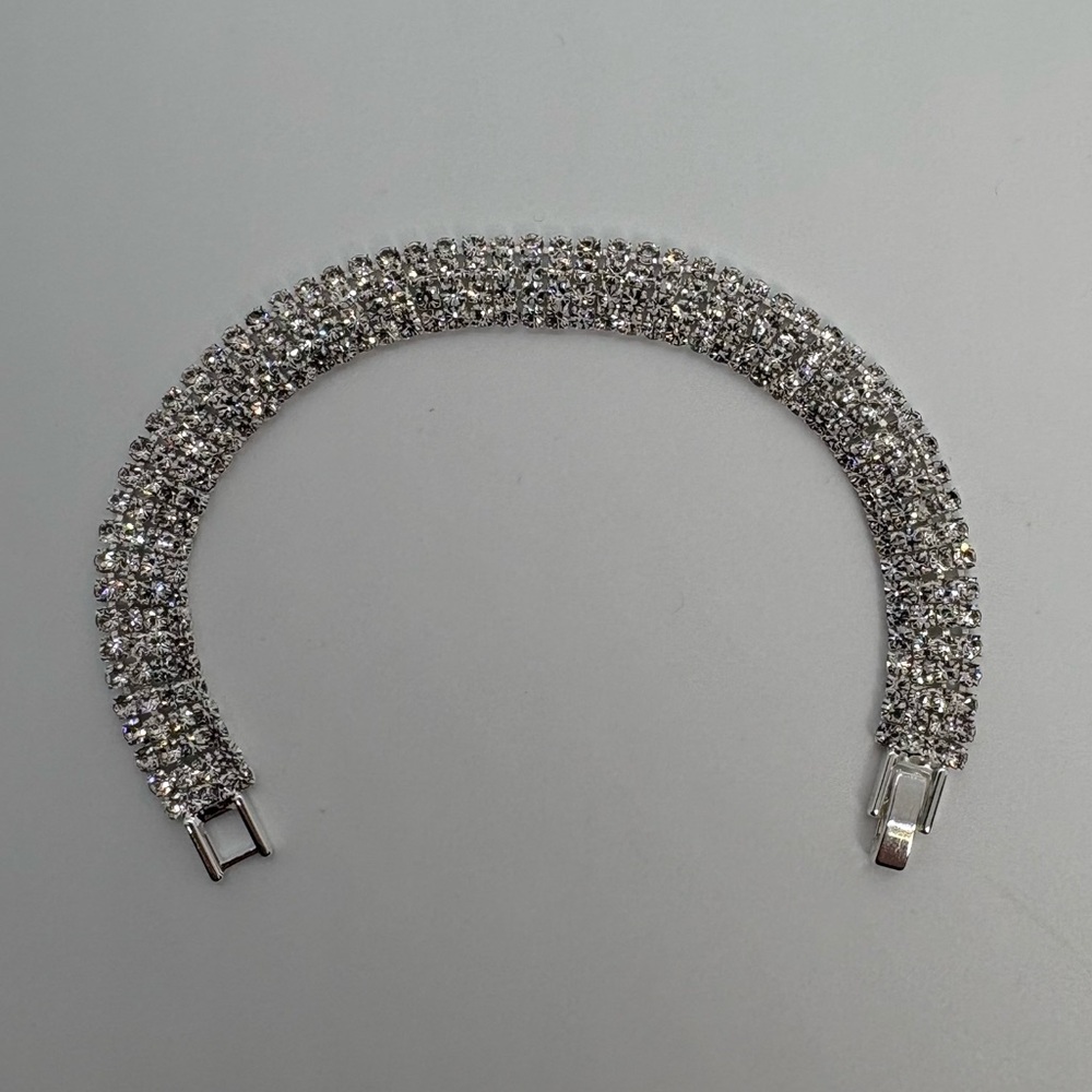 Wide 4 Row Clear Crystal Rhinestone Bracelet in Silver Tone, Brand New